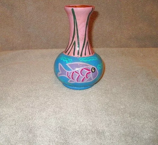 TALAVERA Mexican HAND PAINTED Fish VASE Redware REVERSIBLE Art POTTERY Folk Art