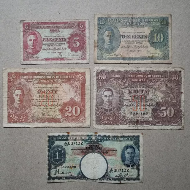 1941 Malaya 5, 10, 20, 50 Cents & 1 Dollar Banknotes Set of 5 Notes KGVI