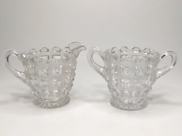 Antique Westmoreland Glass EAPG Plaid #124 Berlin Creamer & Sugar Bowl