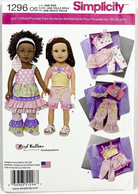 2014 Simplicity Sewing Pattern 1296 18" Doll Wardrobe 13 Pieces Dress Hat 12500