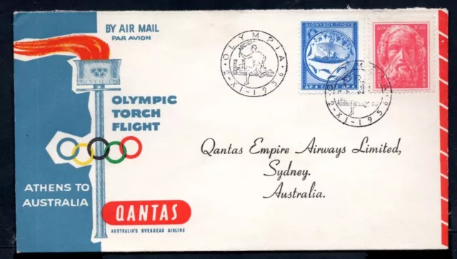 Greece - 1956 Qantas Olympic Torch Flight Cover Athens to Australia