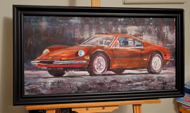 Ferrari Oil Painting Race Car Original collector Art Historic Work 12x24" UNFRMD