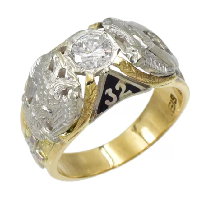 Masonic 0.60ct Diamond Ring In 14k Yellow & White Gold, Double Head Eagle, Sz 11