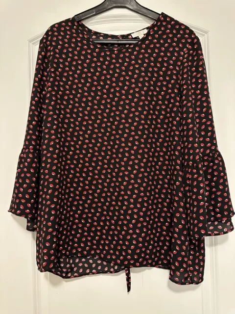 C Top, bell sleeve blouse, Black w pattern, Tied open back Size Large