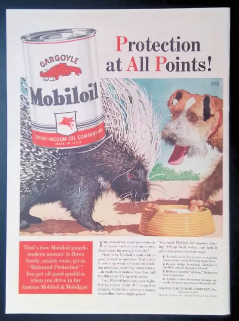 Print Ad 1940's Gargoyle Mobiloil Motor Oil Puppy Porcupine Ronald McLeod Art