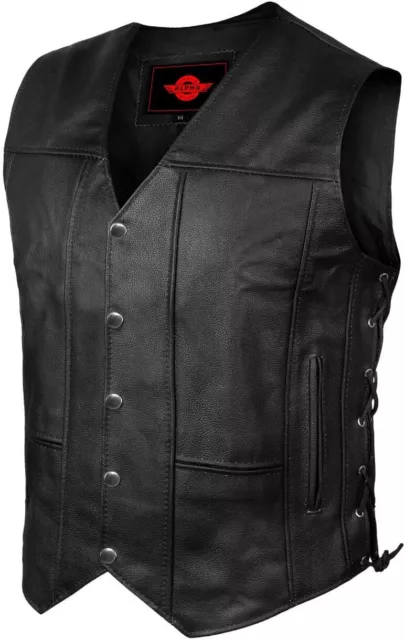 Mens Genuine Leather 10 Pockets Motorcycle Biker Vest ANARCHY Black SOA Riding