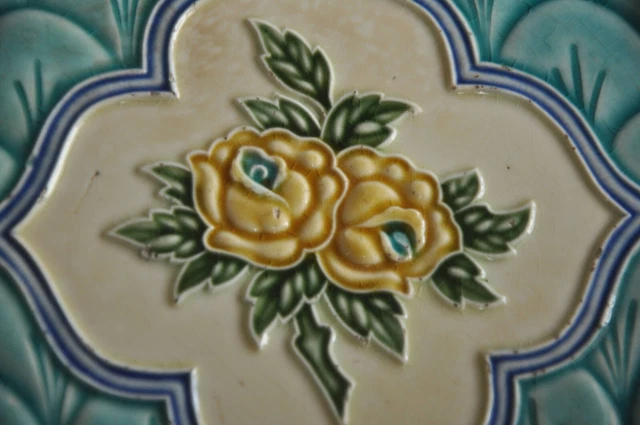 2 Pc Vintage M.S Mark Floral Design Colorful Ceramic Tiles , Japan 3