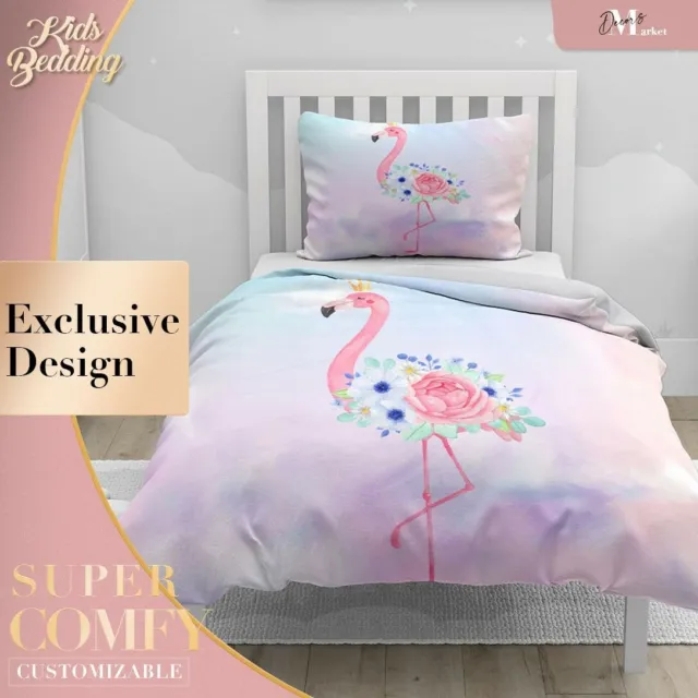 Flamingo Crown Kids Animal Pink Quilt Cover Doona Duvet Cover With 2X Shams