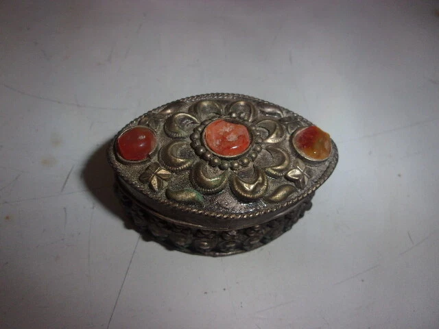 Ancienne Boite A Pilule En Metal Et Pierres Incrustees