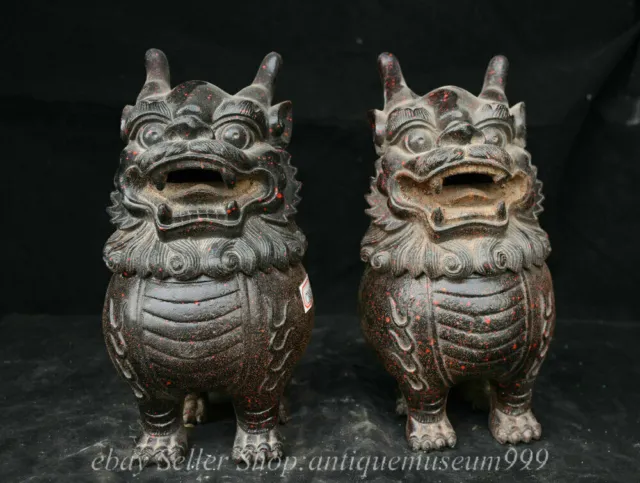 21CM  Old Chinese iron Fengshui Qilin Kylin God Beast incense burner Censer Pair