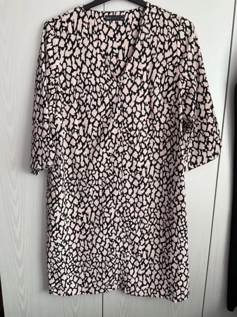 M&S Pale Pink And Black Dress Size 14 Fit & Flare 3/4 Sleeve