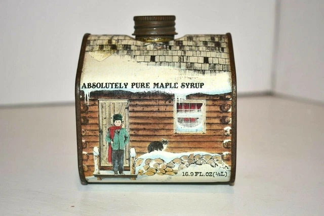 Log Cabin Syrup Tin Salem Indiana Absolutely Pure Maple Syrup Full 1984 Vintage