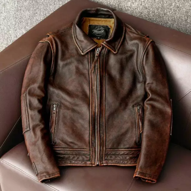 Giacca uomo moto vintage Cafe Racer effetto invecchiato marrone biker vera pelle