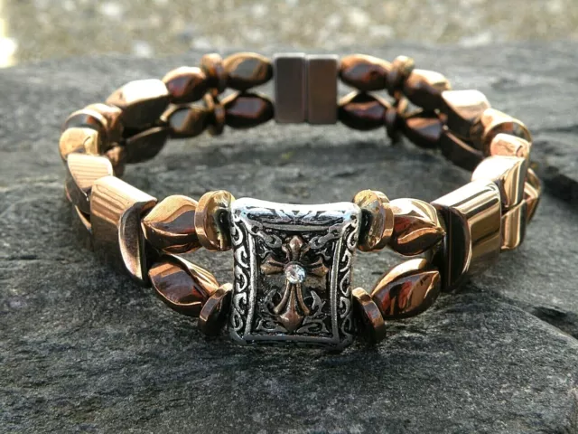 Silver Magnetic Hematite Bracelet Anklet w Cross Silver Slider 2 row