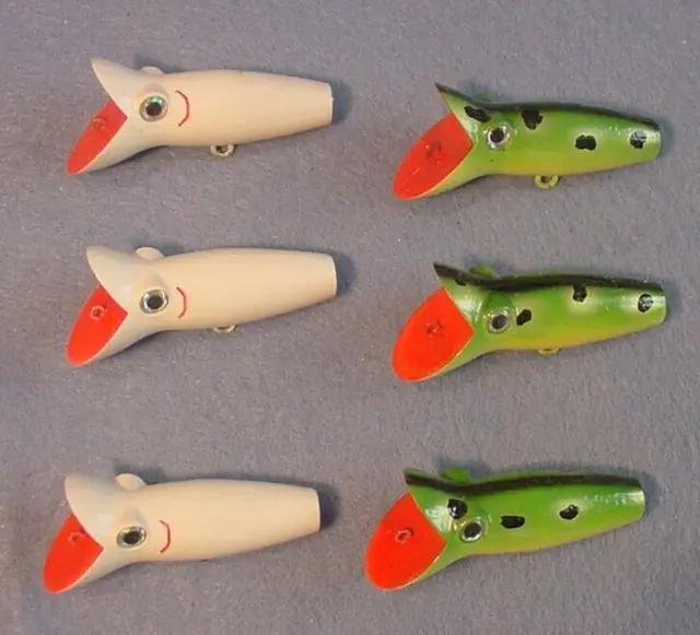 6 ~Vintage JPS 1/4 oz Top Water Plastic Lure NO Hooks 2 1/8" Long 3 Bone, 3 Frog