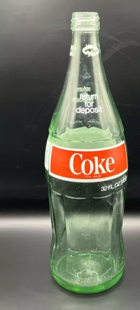 Vintage Large 32 Fl Oz (Empty) 1 Quart Glass COKE Coca Cola 12" BOTTLE Green Hue