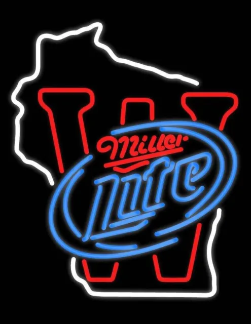 Wisconsin Miller Lite W Neon Sign Light Lamp Beer Bar Man Cave Decor 24x20