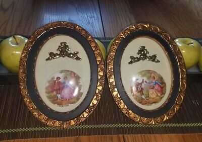 PAIR Of Lovely VTG Ornate GOLD Oval Victorian Style Wall Plaques w/CONVEX Glass!