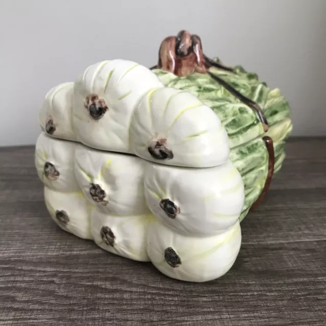 Vintage RARE Majolica Garlic Keeper Green Onion Bowl Italy Pottery Porcelain EUC