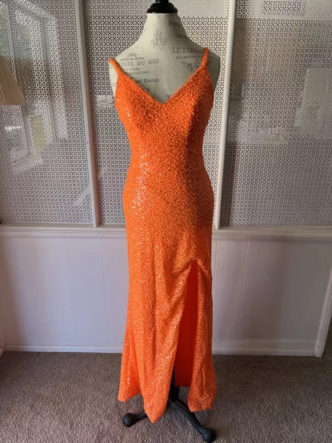 Orange Sequined Prom/Formal/Evening Gown With Slit Size 6