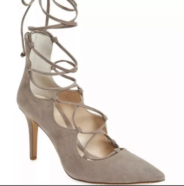 Vince Camuto Barsha Taupe Suede Lace Up Pump Pointy Toe Shoes Sz 8M/38 FLAW