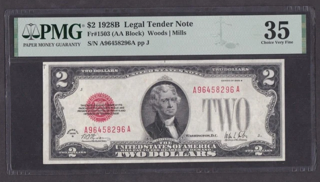[PMG-35] 1928-B Legal Tender Red Seal 2 Dollars Fr-1503 (AA Block) A96458296A
