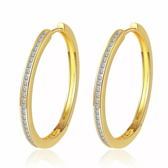 24K Gold Plated Women's 925 Sterling Silver Crystal Round Hoop Huggie Earrings