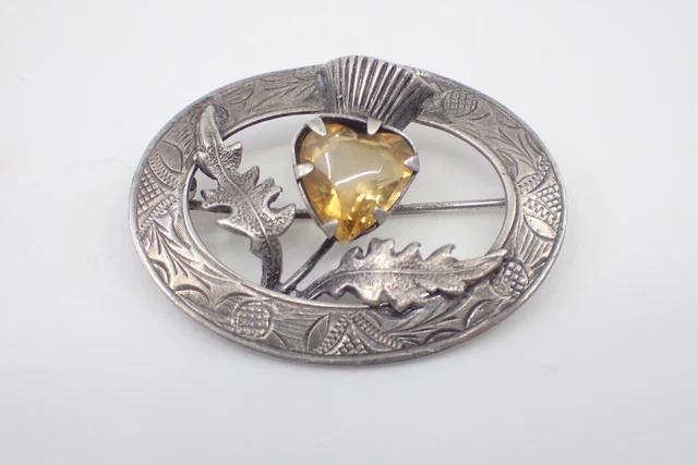 Broche ancienne au chardon en argent massif et citrine XIXeme Poinçon anglais