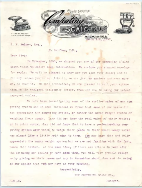 Ephemera BILLHEAD Letterhead The Computing Scale Co 3/9 1897 Dayton Ohio Ephemera BILLHEAD Letterhead The Computing Scale Co 3/9 1897 Dayton Ohio