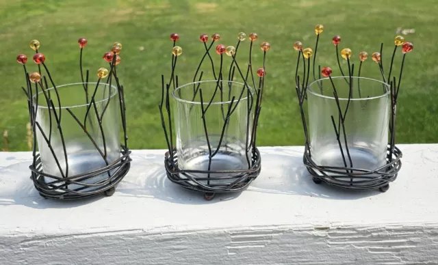 Rustic Elements Set Or 3 Tealight Candle Holders Metal Decorative Glass Beads 5"