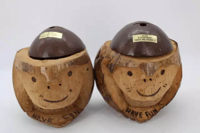 Carved Coconut Monkey Head Cup Holder / Bank Lot Of 2