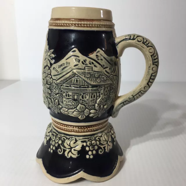 Vintage German Beer Stein Mug Relief Pottery Blue Brown Mountain Cabin Scallop