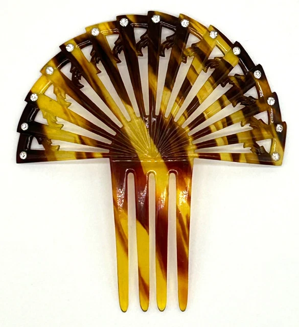 Vintage Art Deco 4" Amber Faux Tortoiseshell Hair Comb With White Rhinestones