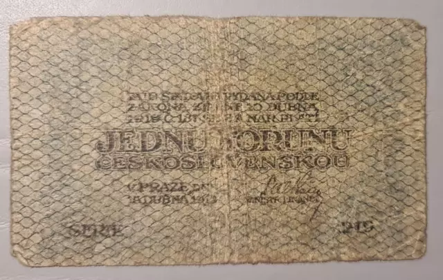 CZECHOSLOVAKIA banknote 1 KORUN KORUNA JEDNU KORUNU 1919 P-6 USED