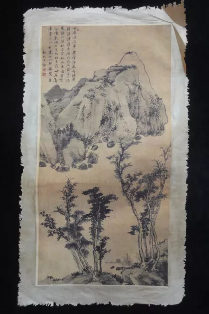 Old Large Chinese Paper Painting Beautiful Landscape and Calligraphy with Marks