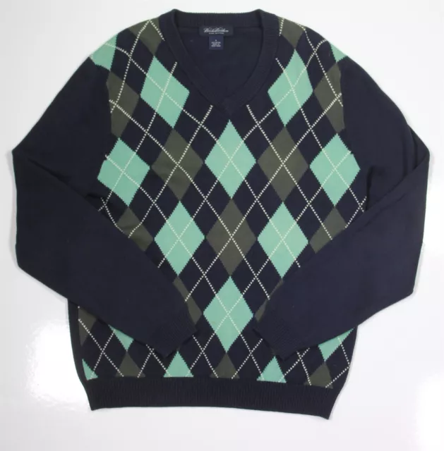 Brooks Brothers Blu/Verde Argyle Scollo A V Maglia Cotone Maglione Uomo Piccolo