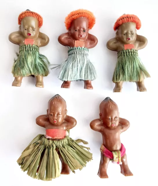 Lot of 5 Hawaiian Hula Baby Dolls Plastic Vintage 1940s Pipe Cleaner Hats Tiki