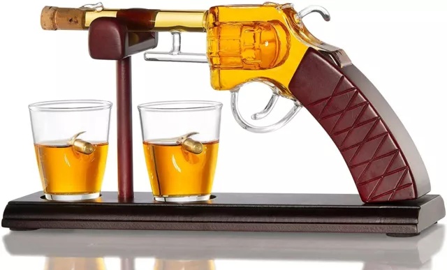 Gun Whiskey Decanter With A Set Of 2 Bullet Glasses & Mahogany Wooden Base 100ml