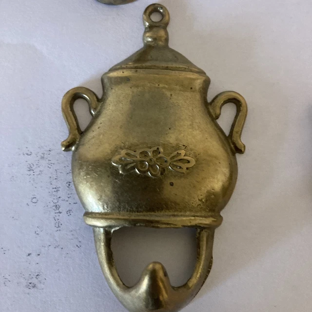 4 Brass Teapot ,coffee Wall Hook Kettle Decorative Ornate Hanger 3" Vintage 4