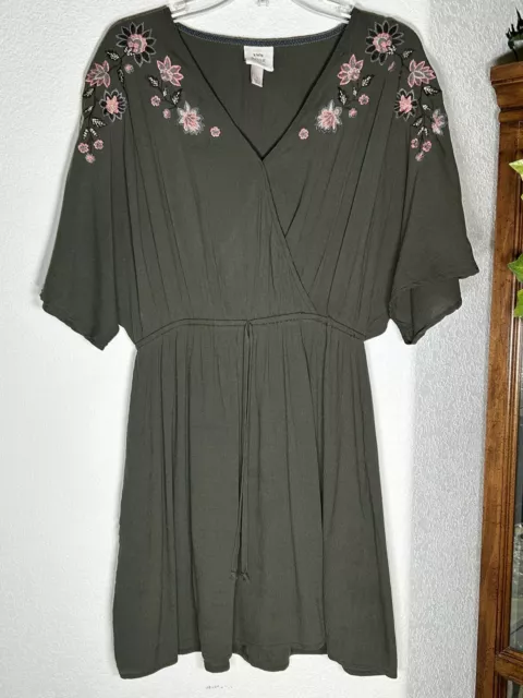 Knox Rose Faux Wrap Dress Boho Dolman Sleeve Embroidered V-Neck Olive Womens L