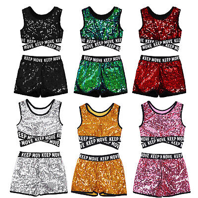 Iefiel Ragazza Danza OUTFIT Glitter Paillettes jazz Hip Hop indumenti sportivi Set