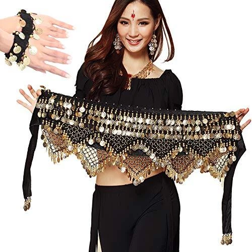 NEPAK 3 pièces Danse du Ventre Ceinture Belly,Foulard à Sequins Noir doré de Dan