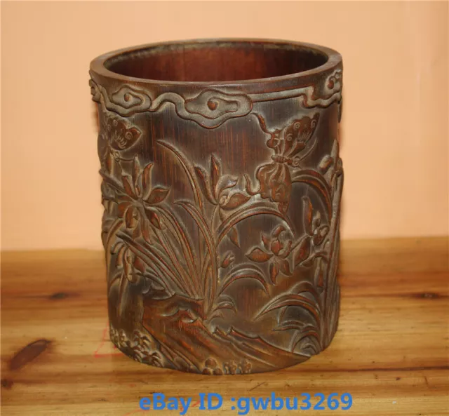 Vintage Original Old China Hand Carved  butterfly orchid Bamboo Brush Pot 22449