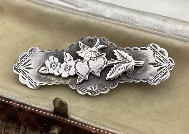 Antique Sweetheart Brooch Sterling Silver Pin Heart Flower Swallow Swift Bird
