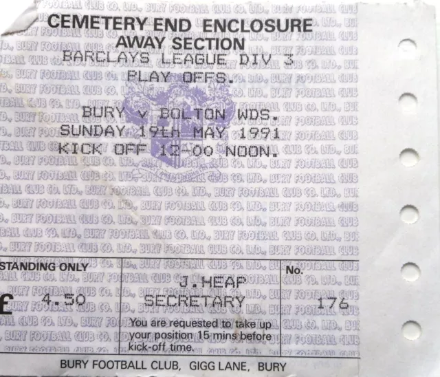 Football Ticket – Play Off - Bury v Bolton Wanderers – 19/05/91