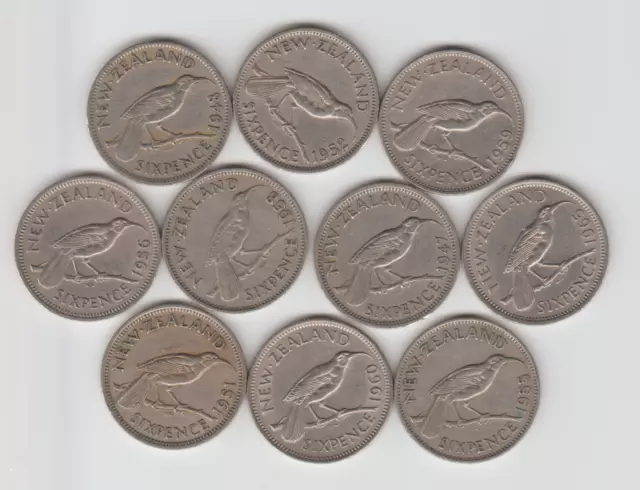 New Zealand Sixpence x10 (1947-65) Set A | Pre-decimal 6d NZ Coins