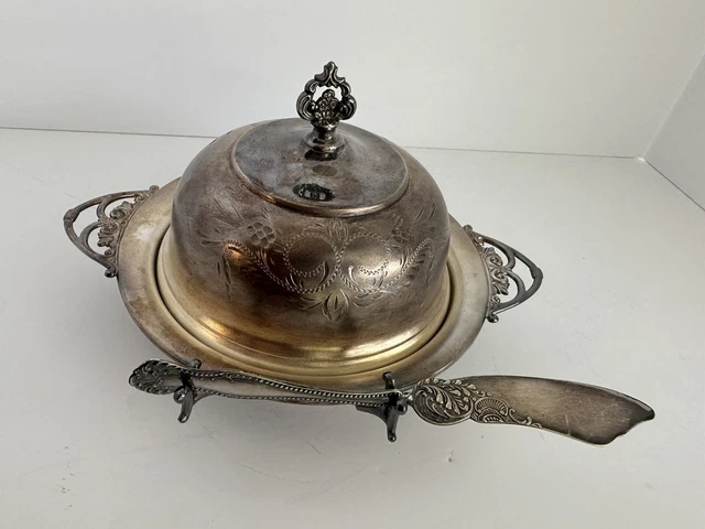 Van Bergh Quadruple Silver Plate Covered Butter Dome Dish w/Glass Insert & Knife