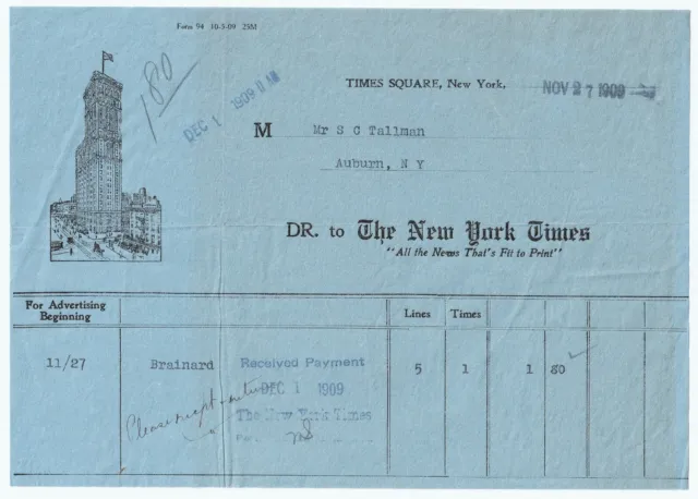 RARE Billhead Receipt - New York Times OBITUARY 1909 Rev John Brainard Auburn NY