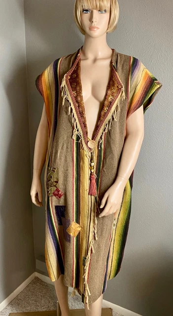 Unisex Vintage Mexican Serape Blanket Long Duster Vest Velvet Patches Large