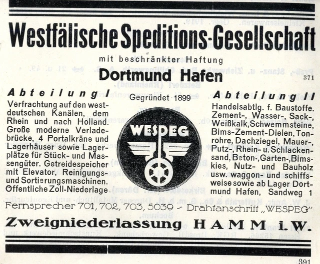 Westfälische Speditionsgesellschaft Dortmund Hafen-Hamm Historische Reklame 1925